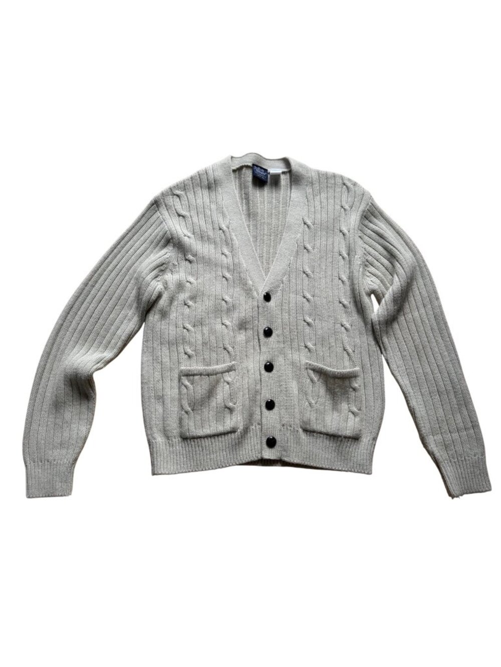John Blair Mens Medium Beige Cable Knit Cardigan Sweater With Pockets